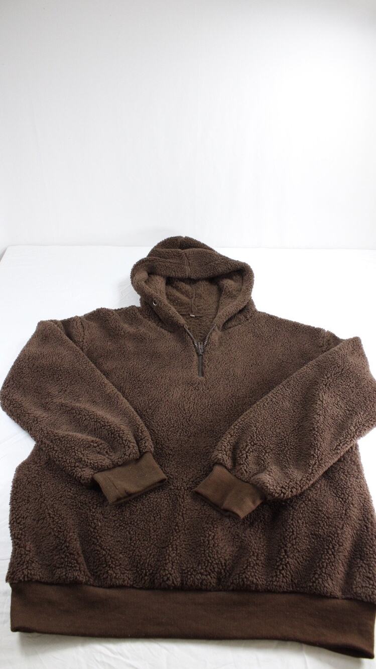 Sherpa Fleece Women Cozy M Hoodie Quarter Zip Pullover Brown Teddy Fluffy Warm